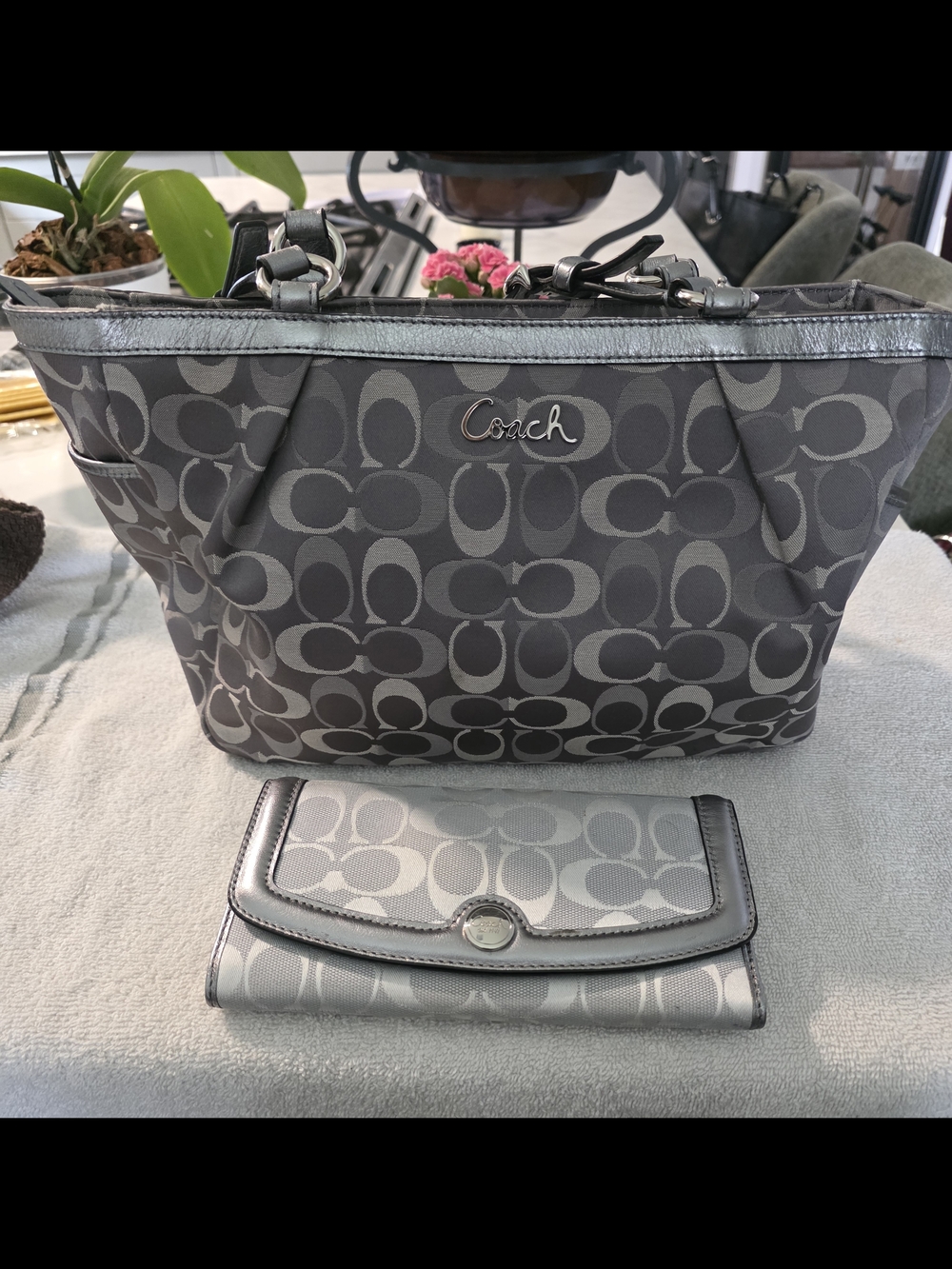 Coach Gray Signature Tote with Matching Wallet
